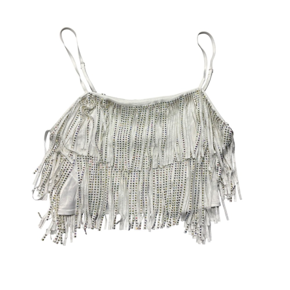 Blue B Collection Large Western Diamond Fringe Rhinestone Camisole Top White NEW